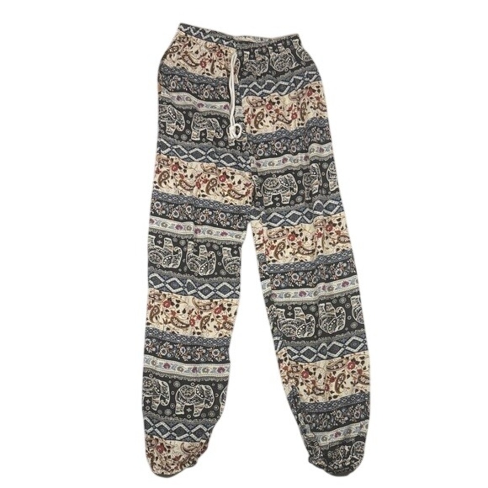 Boho Elephant Paisley Print Harem Pants Black Cream Elastic Waist Joggers Womens
